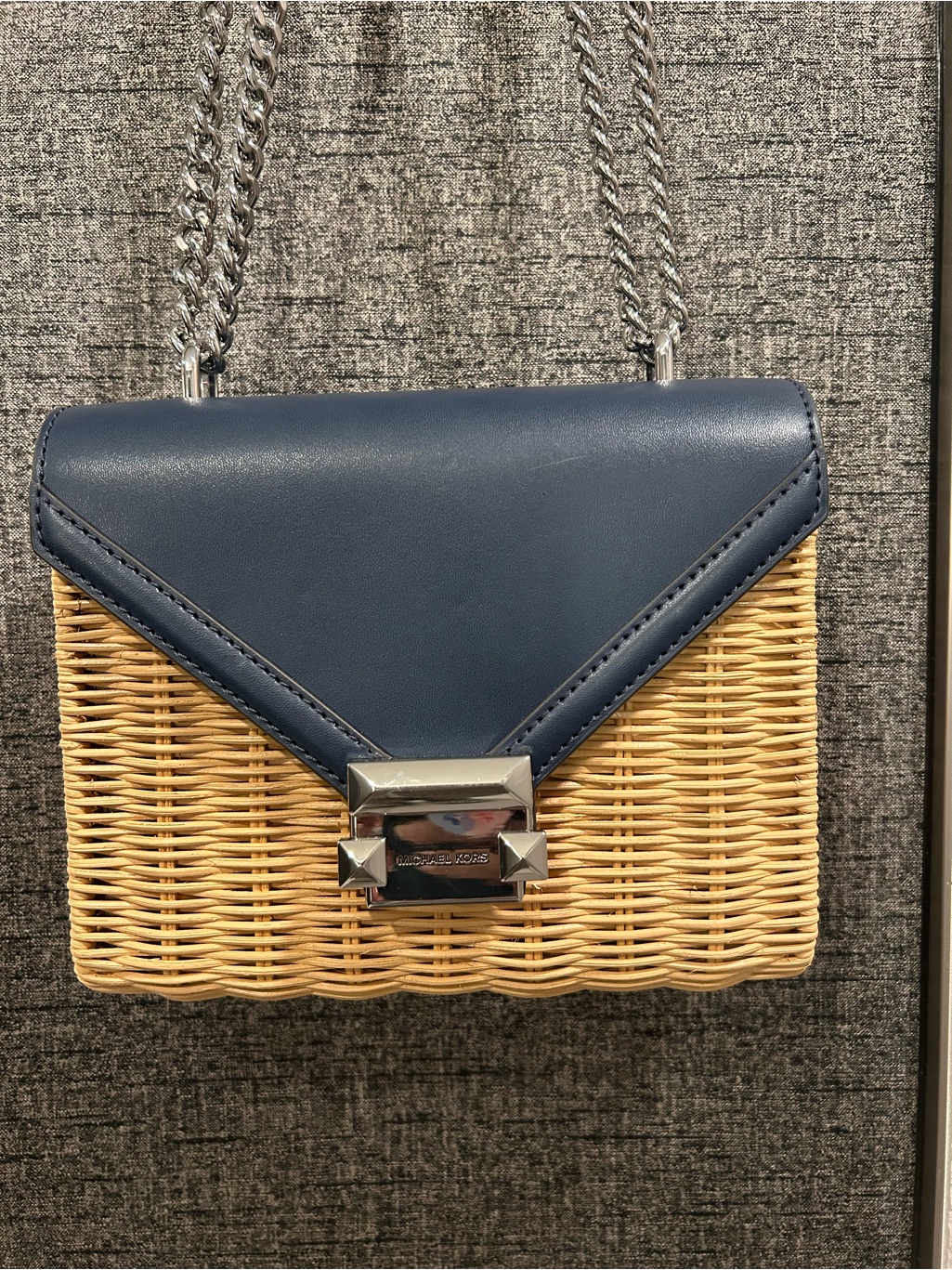 Michael Kors Navy Leather & Natural Wicker Chain Crossbody